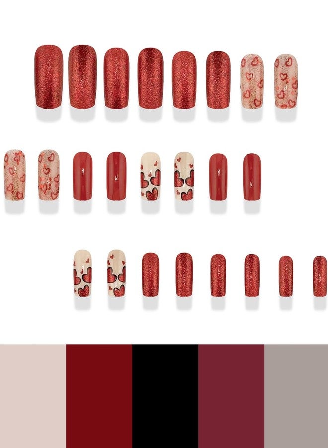 YKZFUI 24Pcs Valentine's Day Nails Press on Nails Short French Tip Press on Nails with Red Heart Sparkly Design Square False Nails Valentine's Fake Nails Glitter Glue on Nails Heart Love Manicure for Women - Image 4